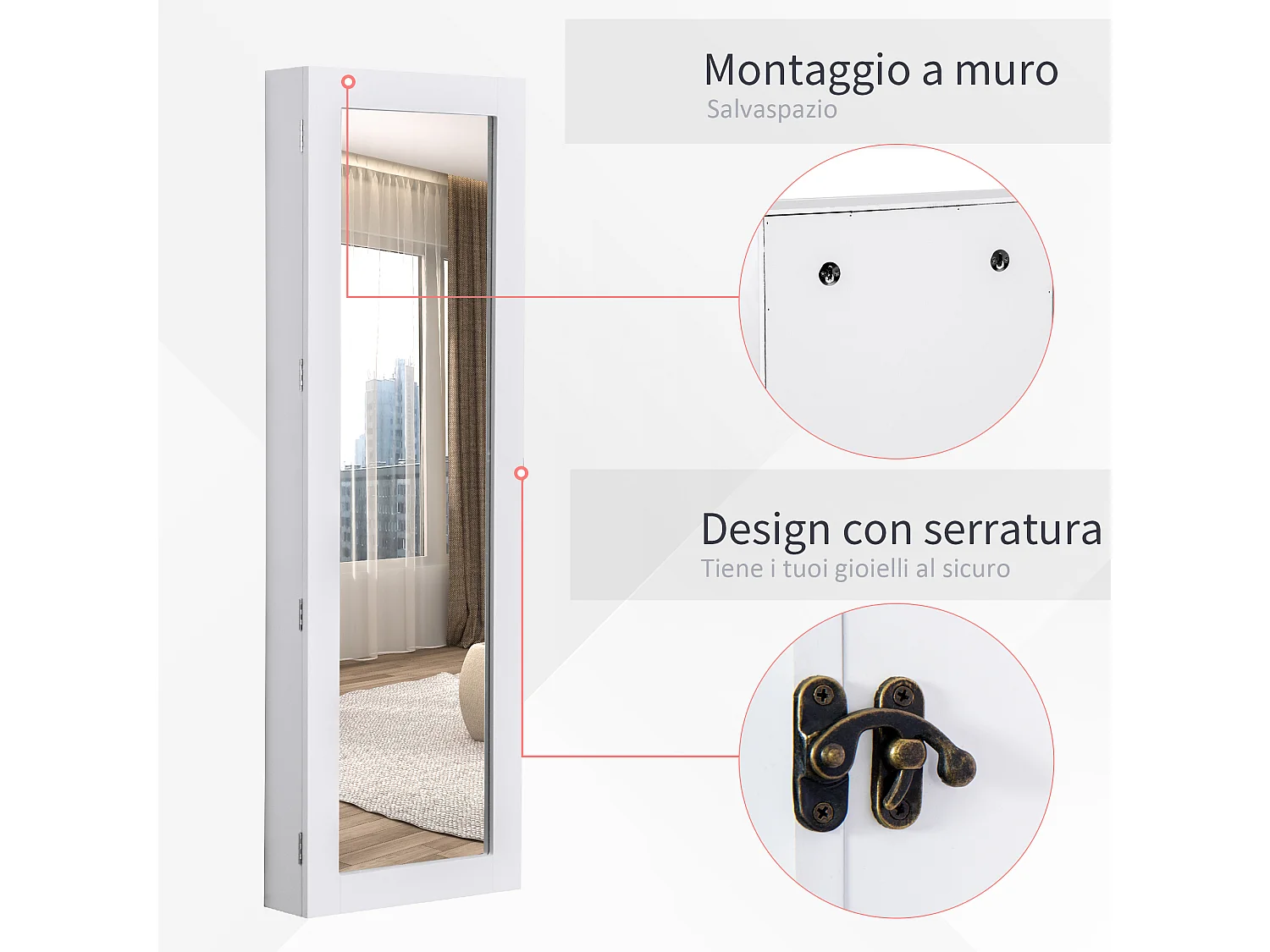 Armadio portagioie con specchio a muro, ganci e ripiani in legno