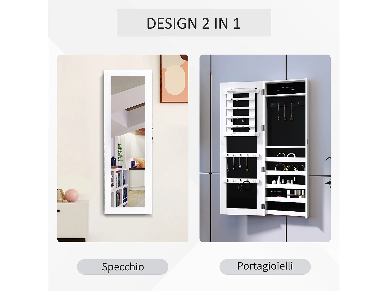 Armadio portagioie con specchio a muro, ganci e ripiani in legno