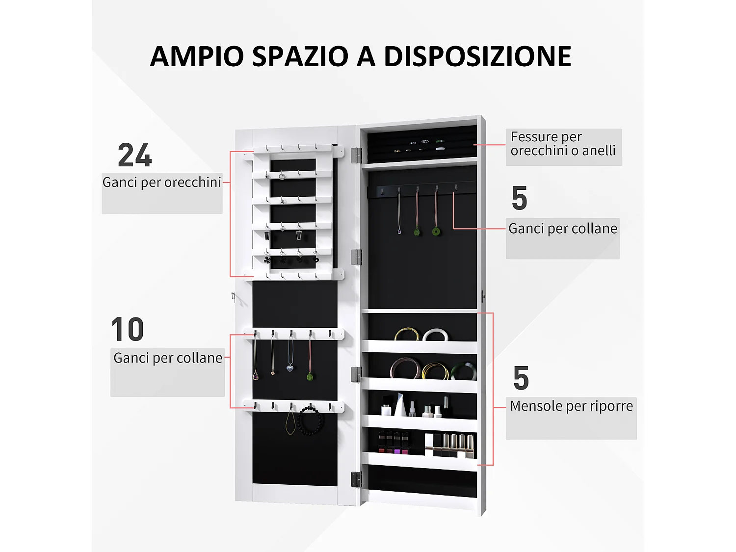 Armadio portagioie con specchio a muro, ganci e ripiani in legno
