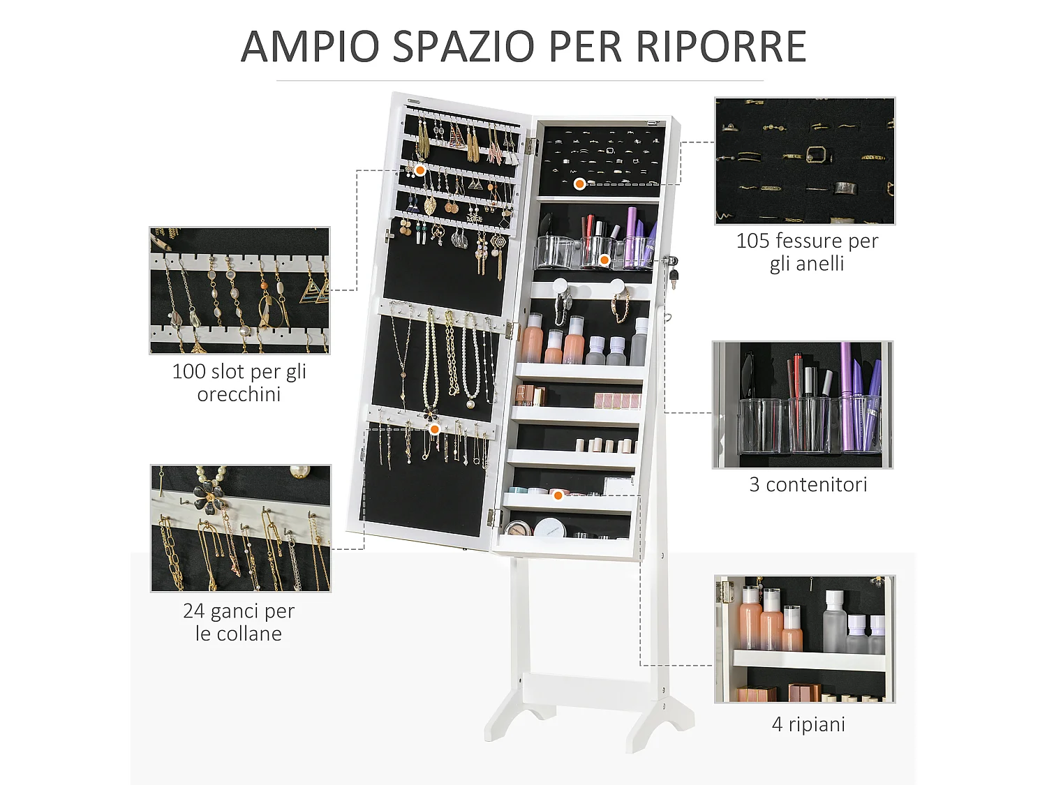 Specchio portagioie inclinabile autoportante luce led serratura