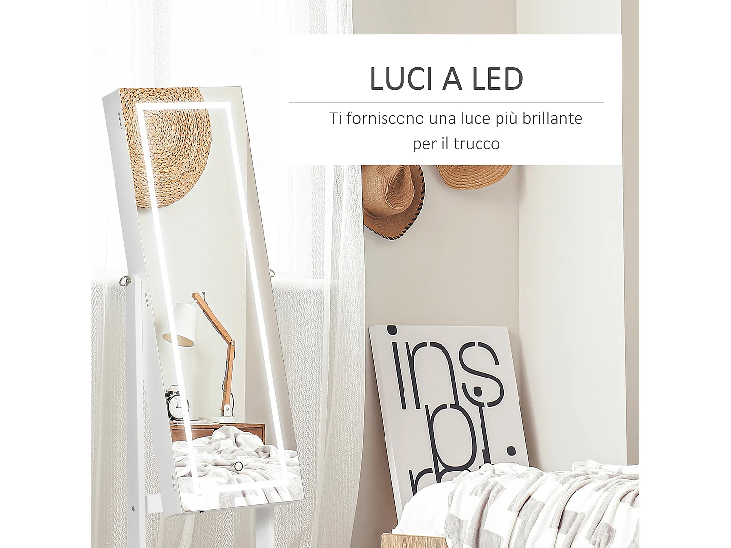 Specchio portagioie inclinabile autoportante luce led serratura