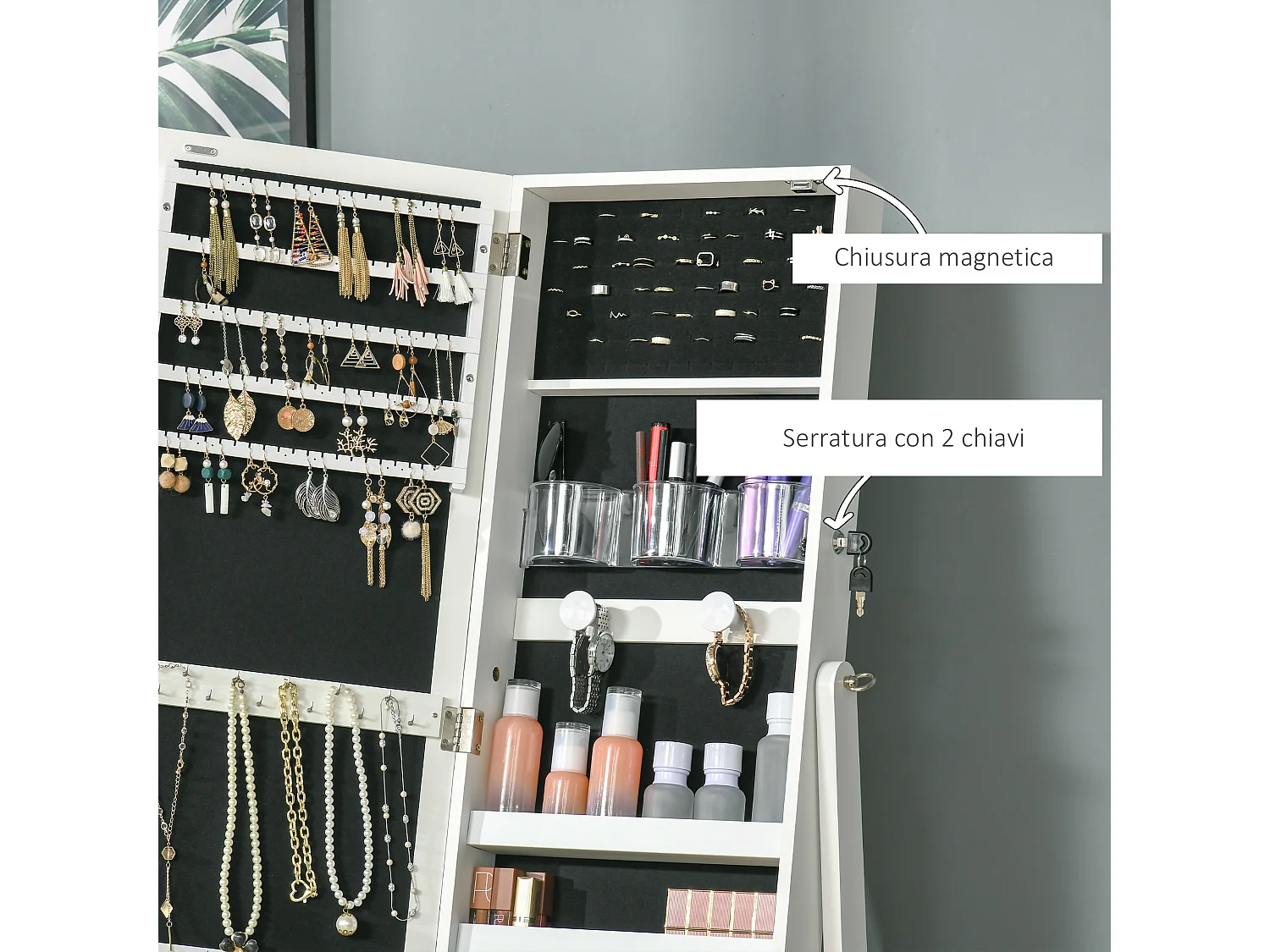 Specchio portagioie inclinabile autoportante luce led serratura