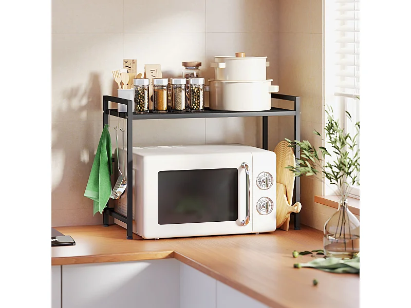 Porta microonde estensibile a 2 livelli con 3 ganci in metallo nero