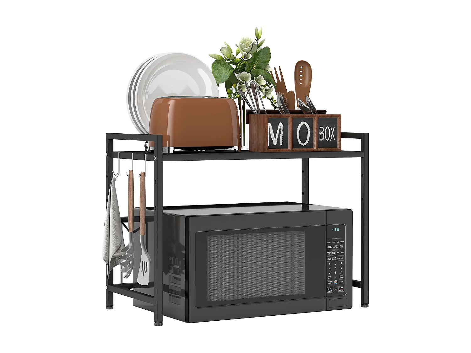 Porta microonde estensibile a 2 livelli con 3 ganci in metallo nero