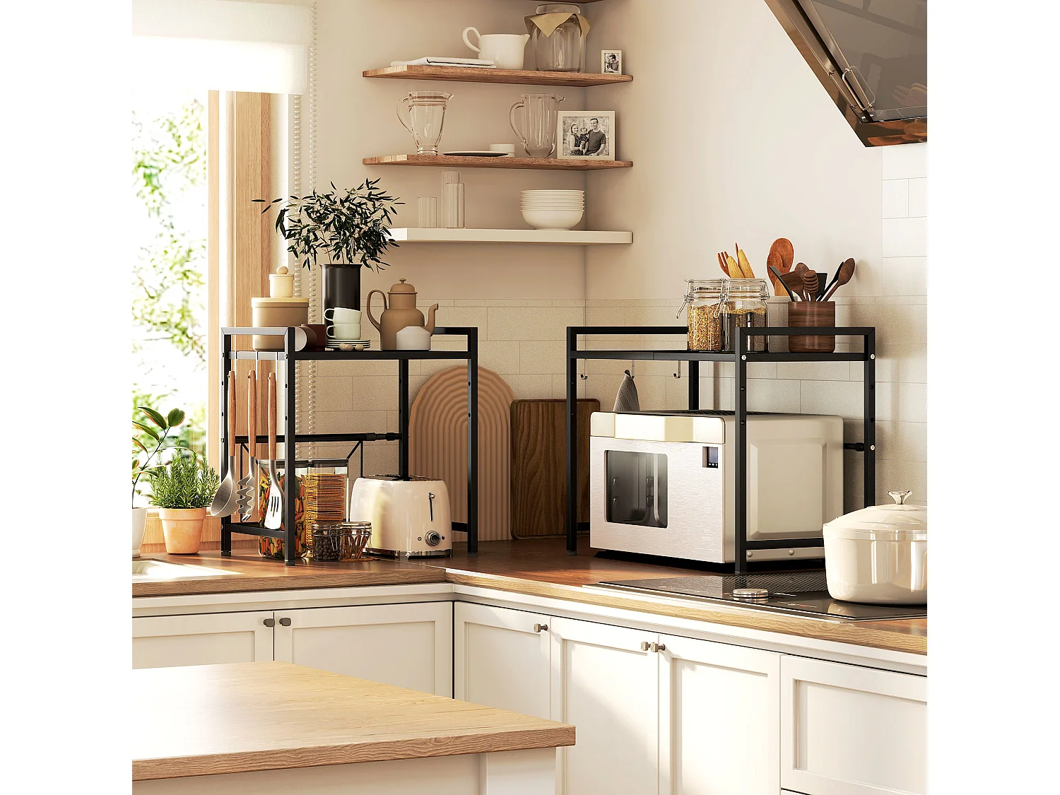 Porta microonde estensibile a 2 livelli con 3 ganci in metallo nero