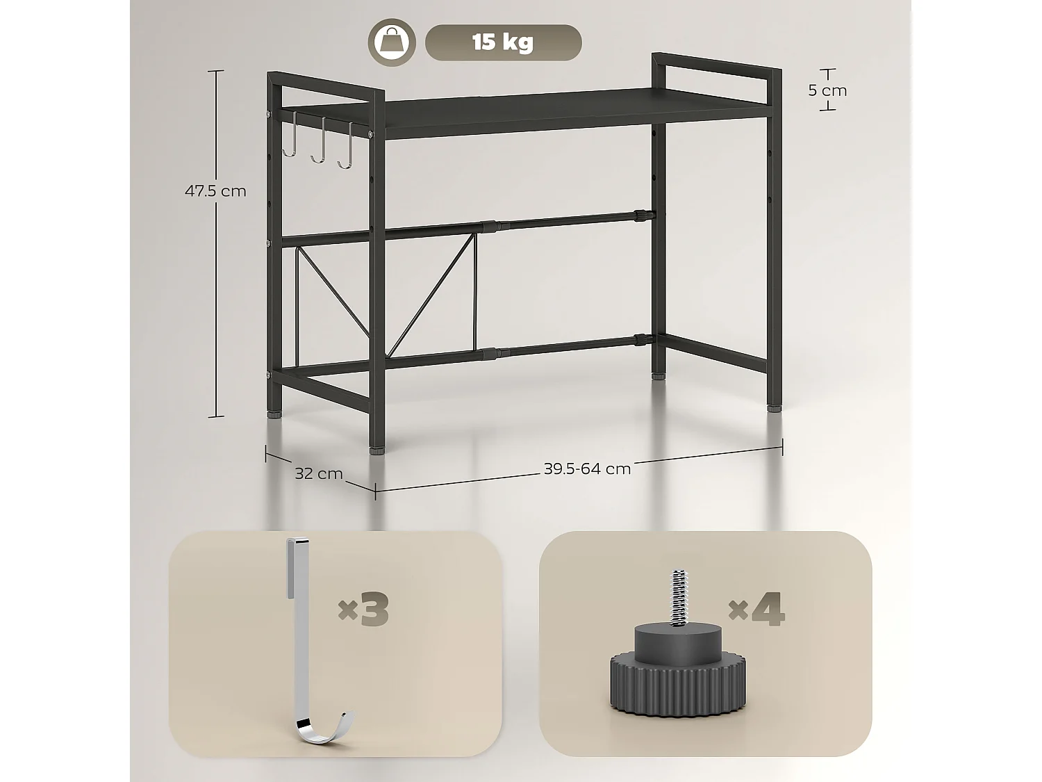 Porta microonde estensibile a 2 livelli con 3 ganci in metallo nero