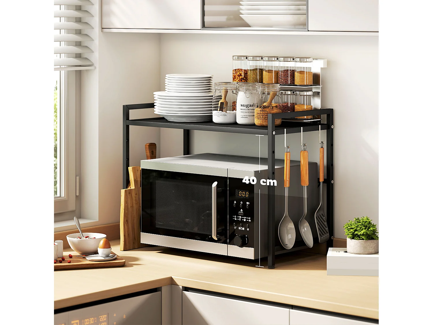Porta microonde estensibile a 2 livelli con 3 ganci in metallo nero