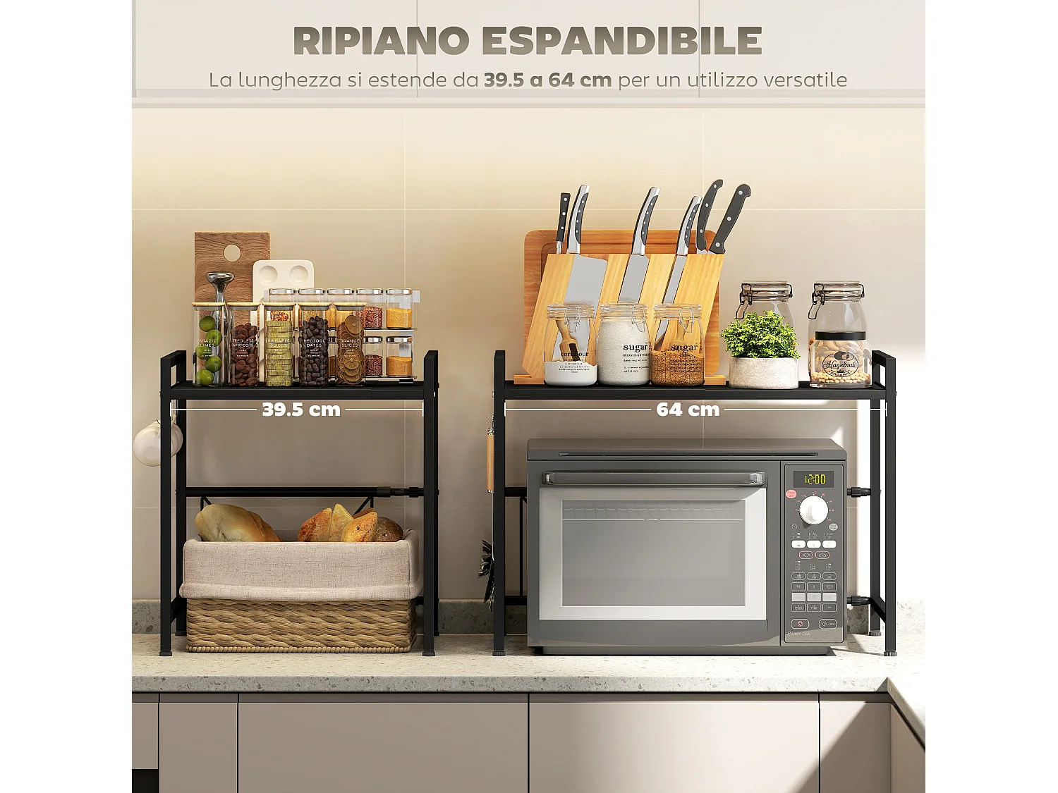 Porta microonde estensibile a 2 livelli con 3 ganci in metallo nero