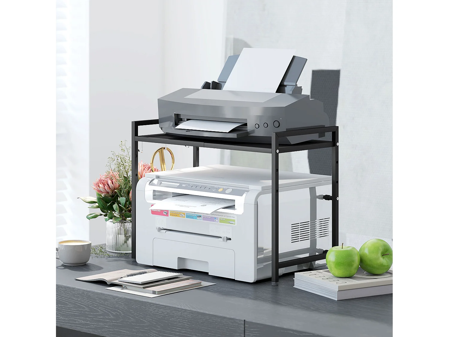 Porta microonde estensibile a 2 livelli con 3 ganci in metallo nero