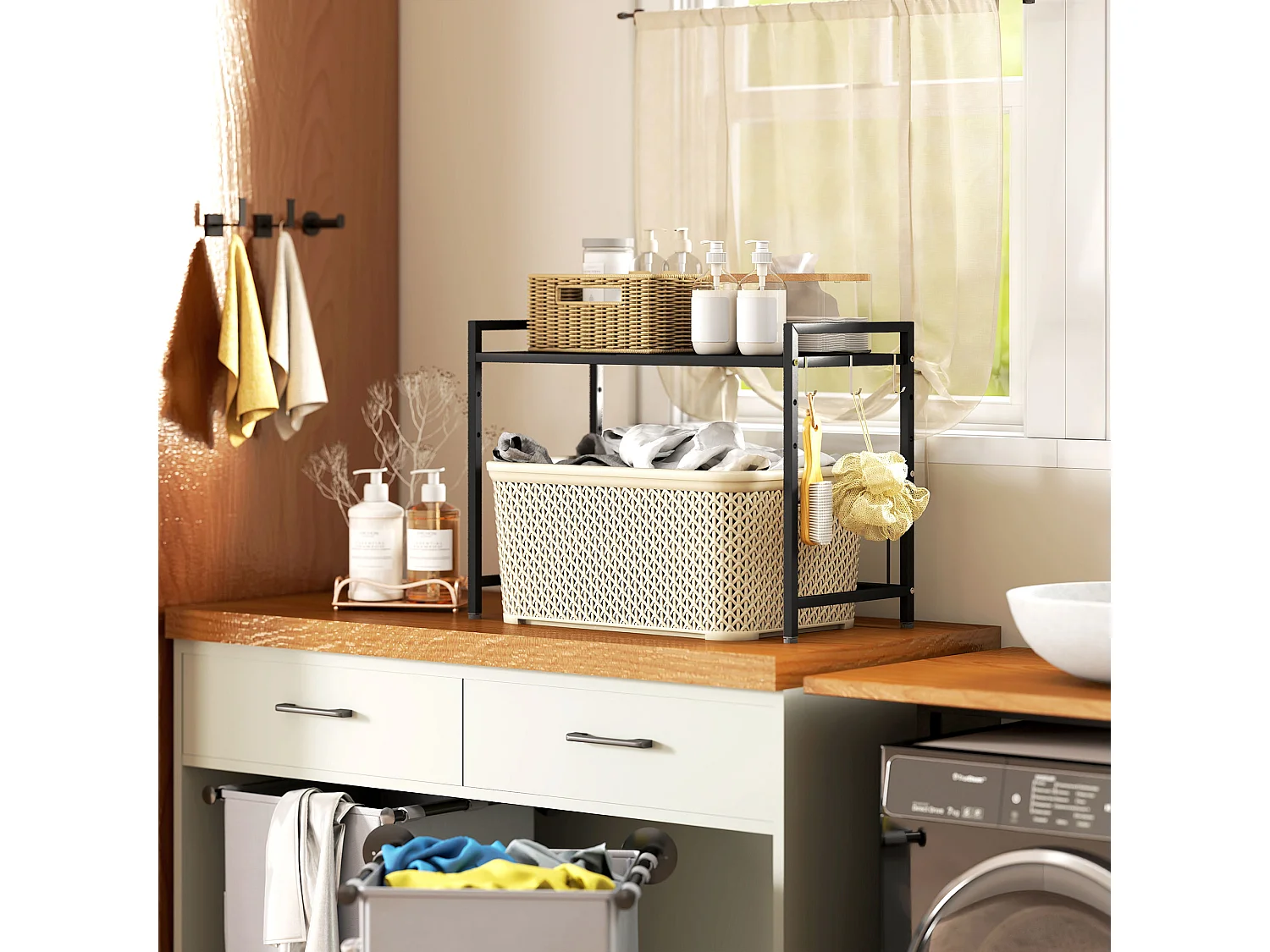 Porta microonde estensibile a 2 livelli con 3 ganci in metallo nero