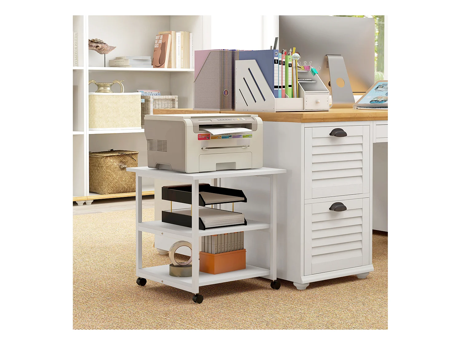 Carrello porta stampante a 3 ripiani con 4 ruote bianco