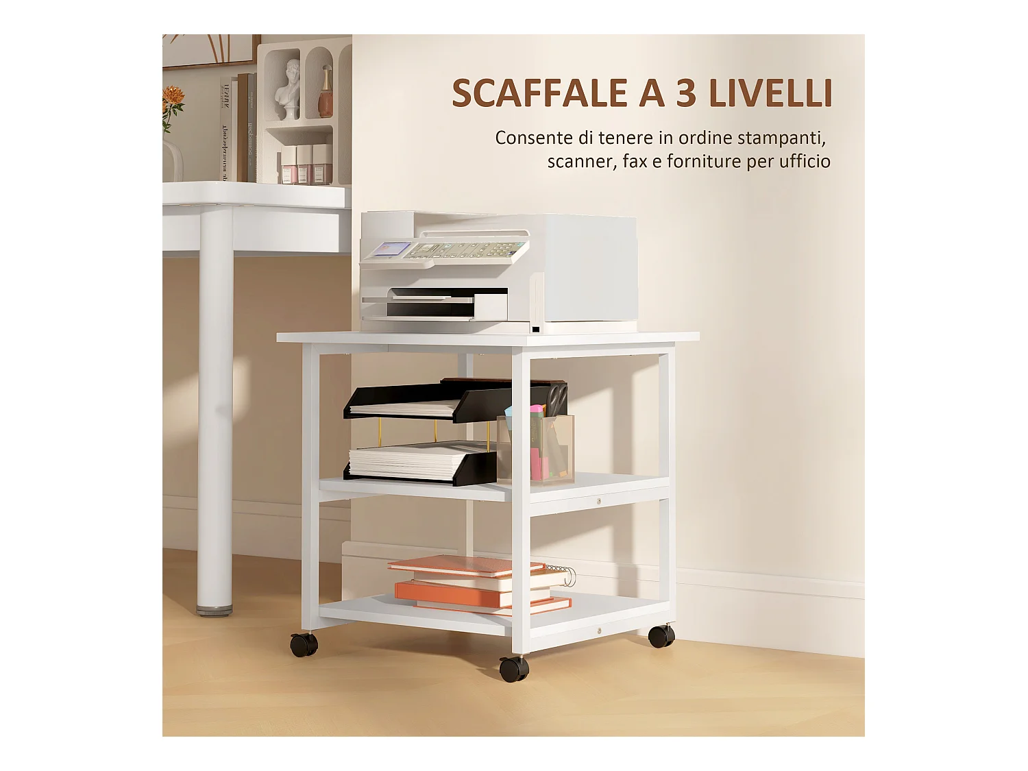 Carrello porta stampante a 3 ripiani con 4 ruote bianco