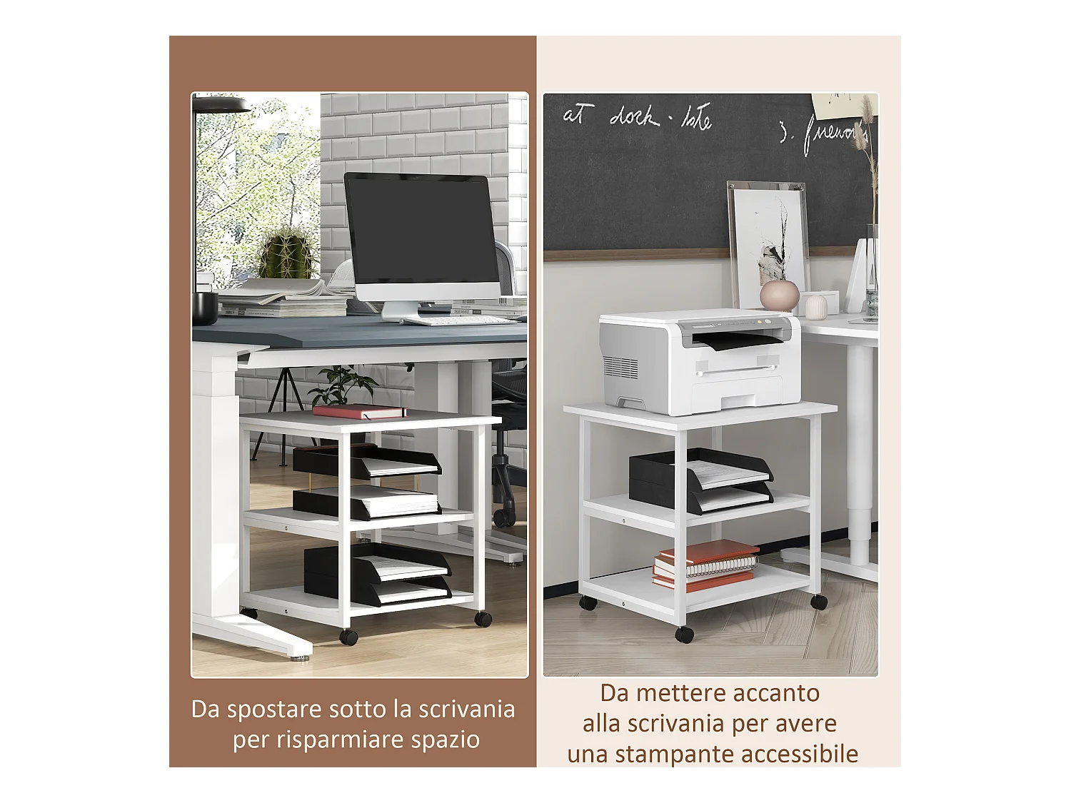 Carrello porta stampante a 3 ripiani con 4 ruote bianco