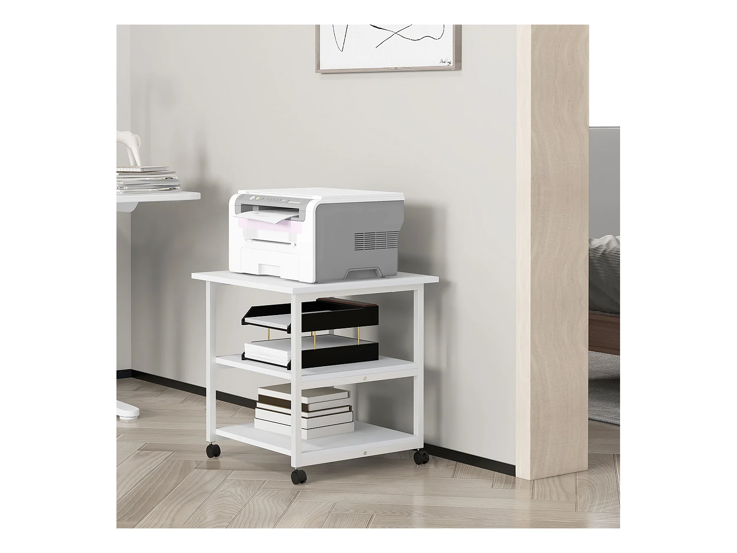 Carrello porta stampante a 3 ripiani con 4 ruote bianco