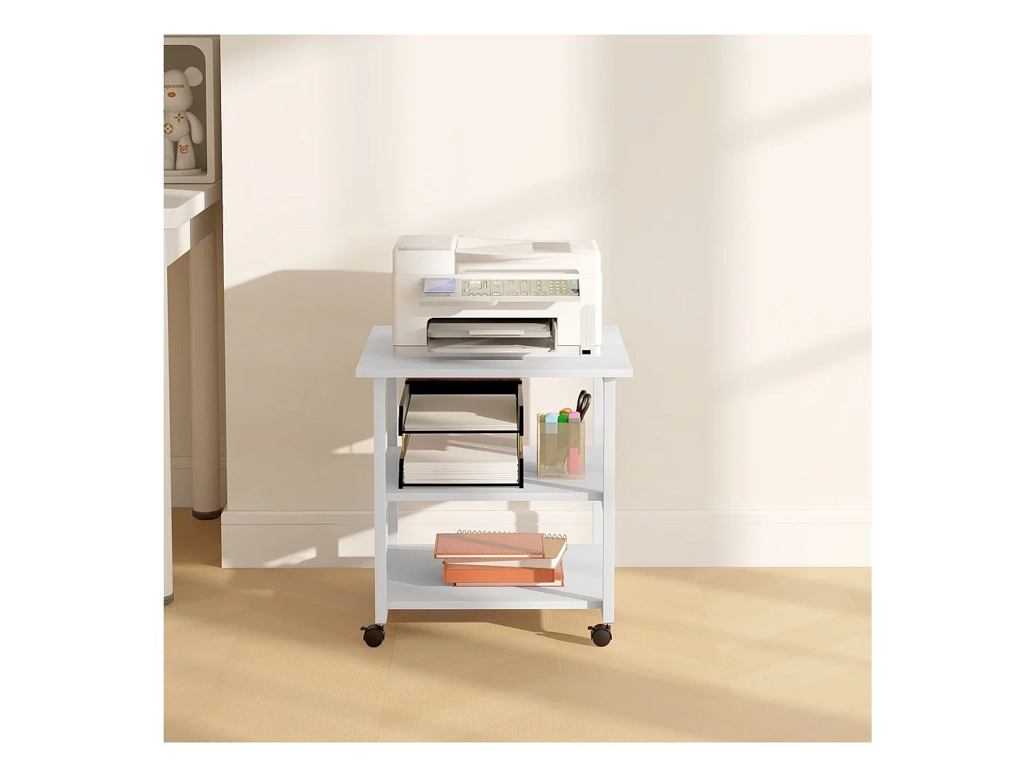 Carrello porta stampante a 3 ripiani con 4 ruote bianco