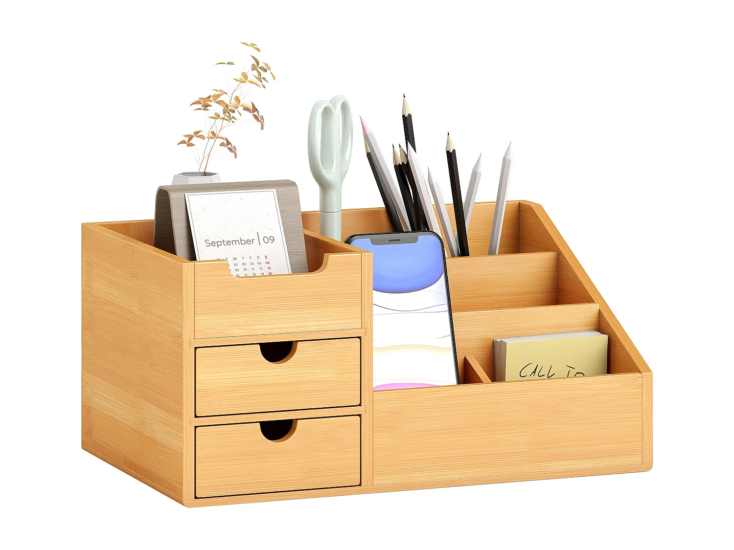 Organizer da scrivania con 2 cassetti e 7 scomparti in bambù