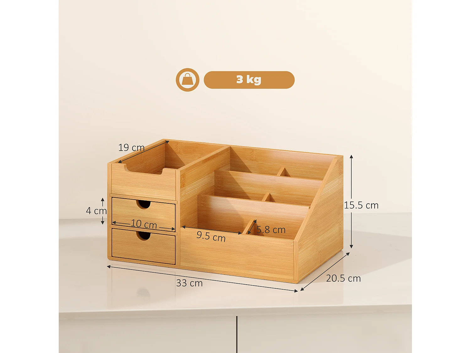 Organizer da scrivania con 2 cassetti e 7 scomparti in bambù