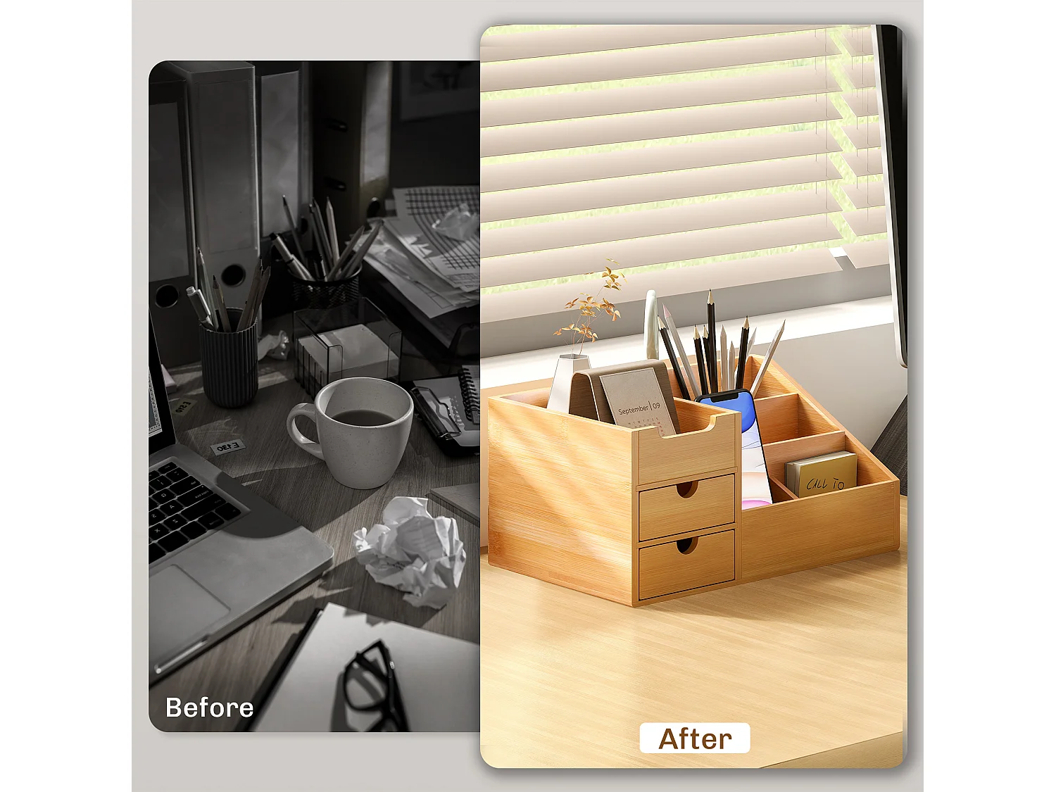 Organizer da scrivania con 2 cassetti e 7 scomparti in bambù