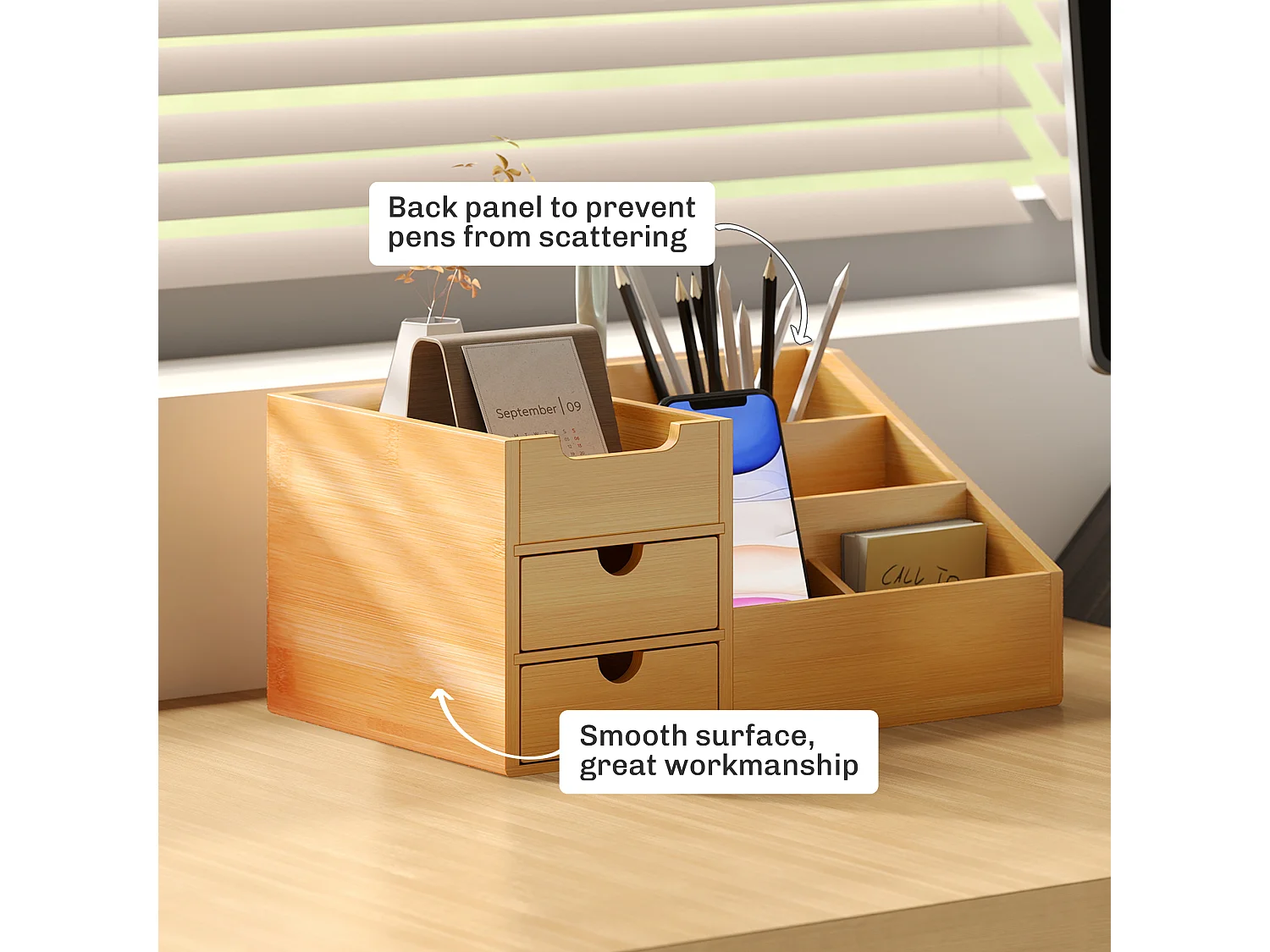 Organizer da scrivania con 2 cassetti e 7 scomparti in bambù