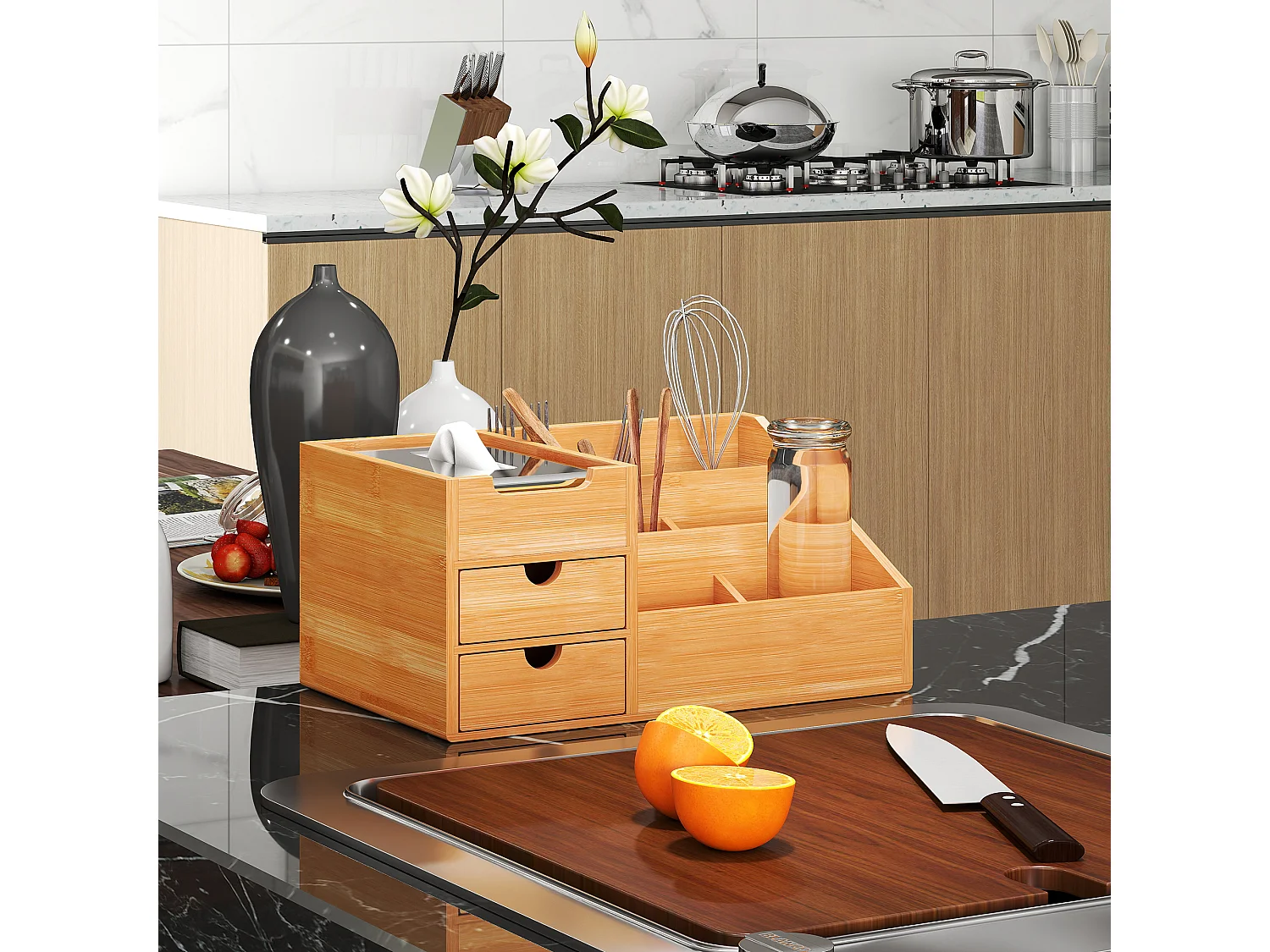 Organizer da scrivania con 2 cassetti e 7 scomparti in bambù