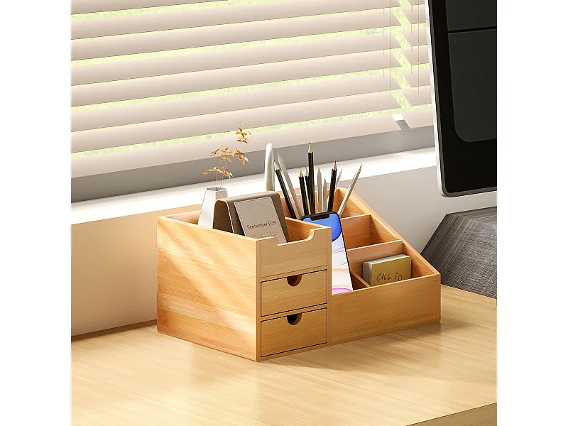 Organizer da scrivania con 2 cassetti e 7 scomparti in bambù