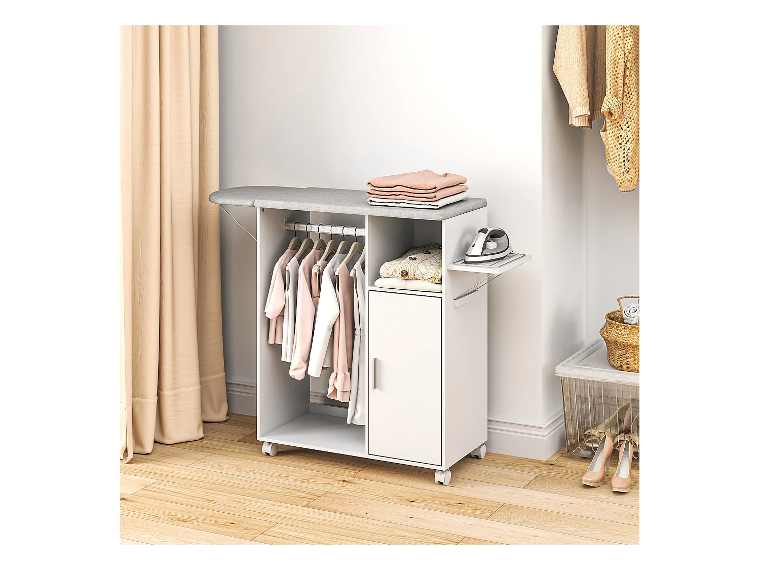 Mobile asse da stiro con 3 ripiani a cubo e guida