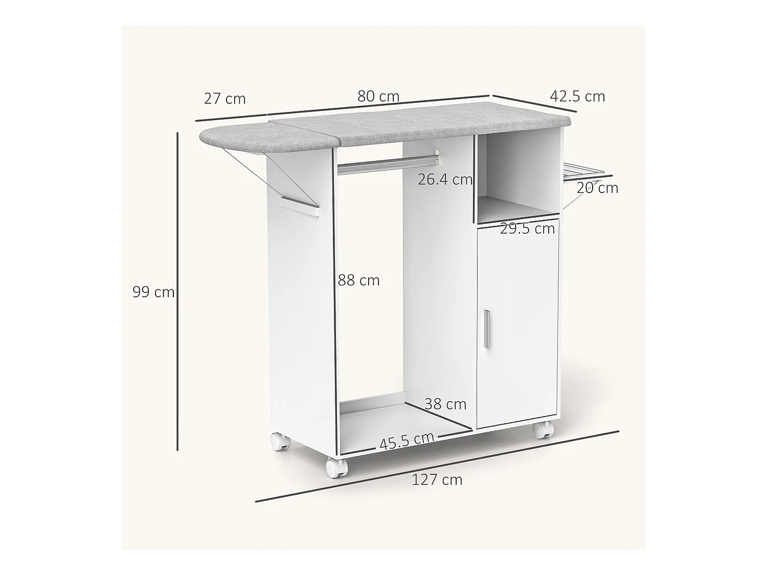 Mobile asse da stiro con 3 ripiani a cubo e guida