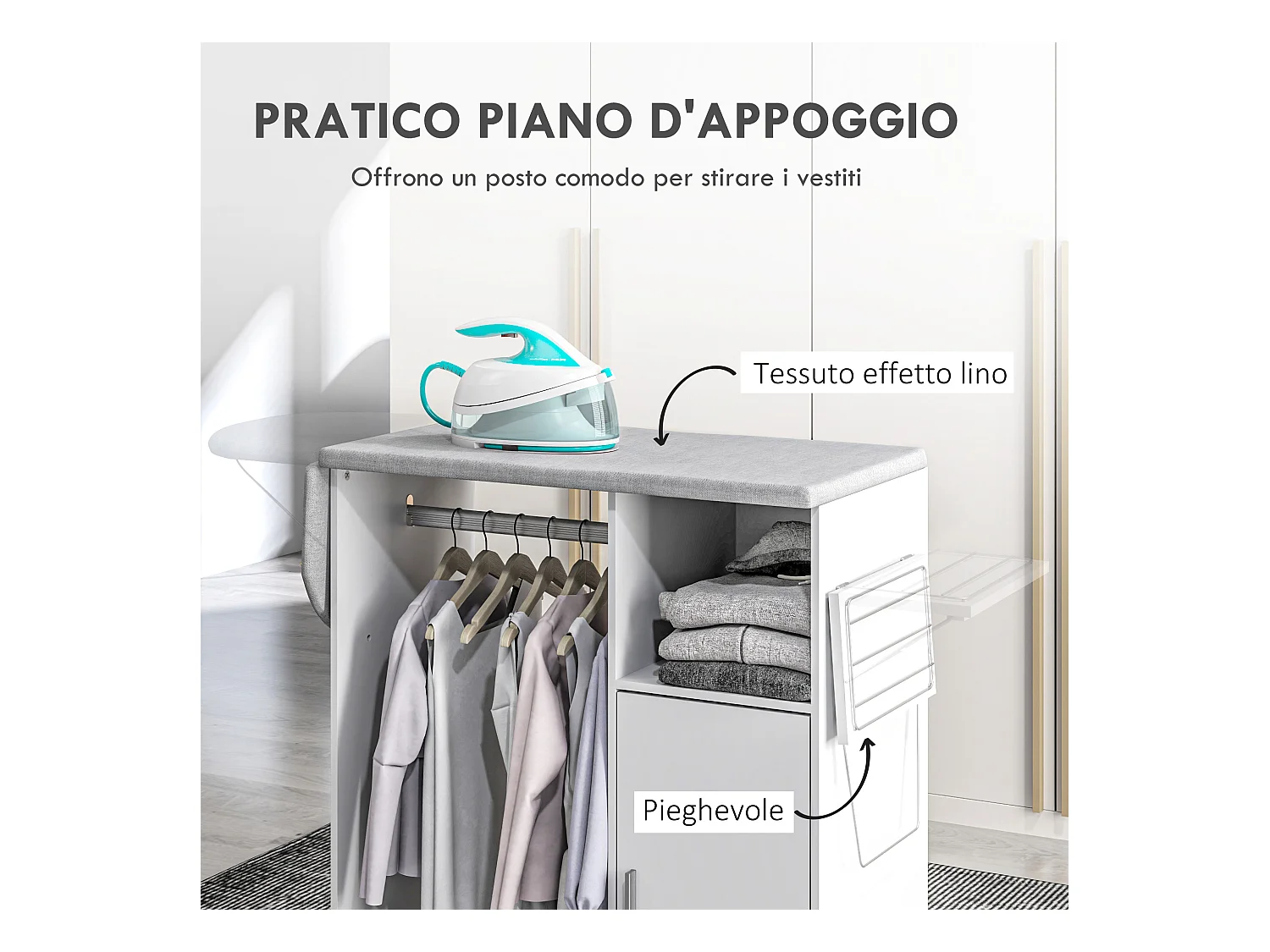 Mobile asse da stiro con 3 ripiani a cubo e guida