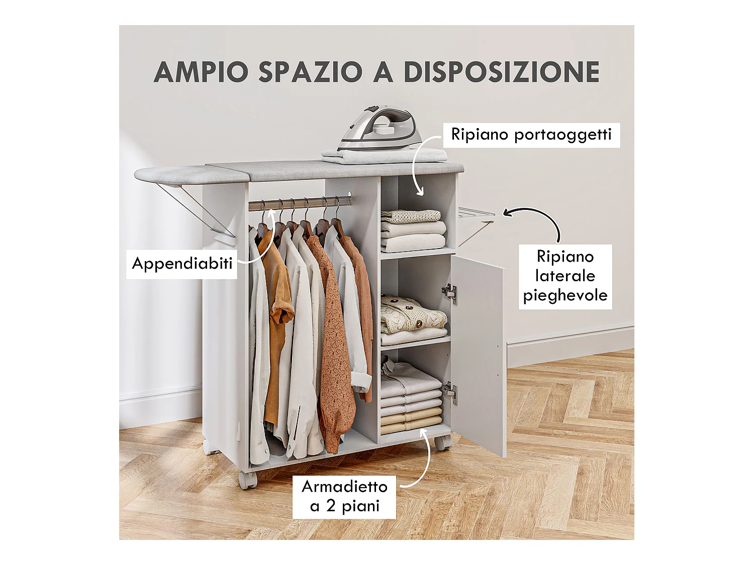 Mobile asse da stiro con 3 ripiani a cubo e guida