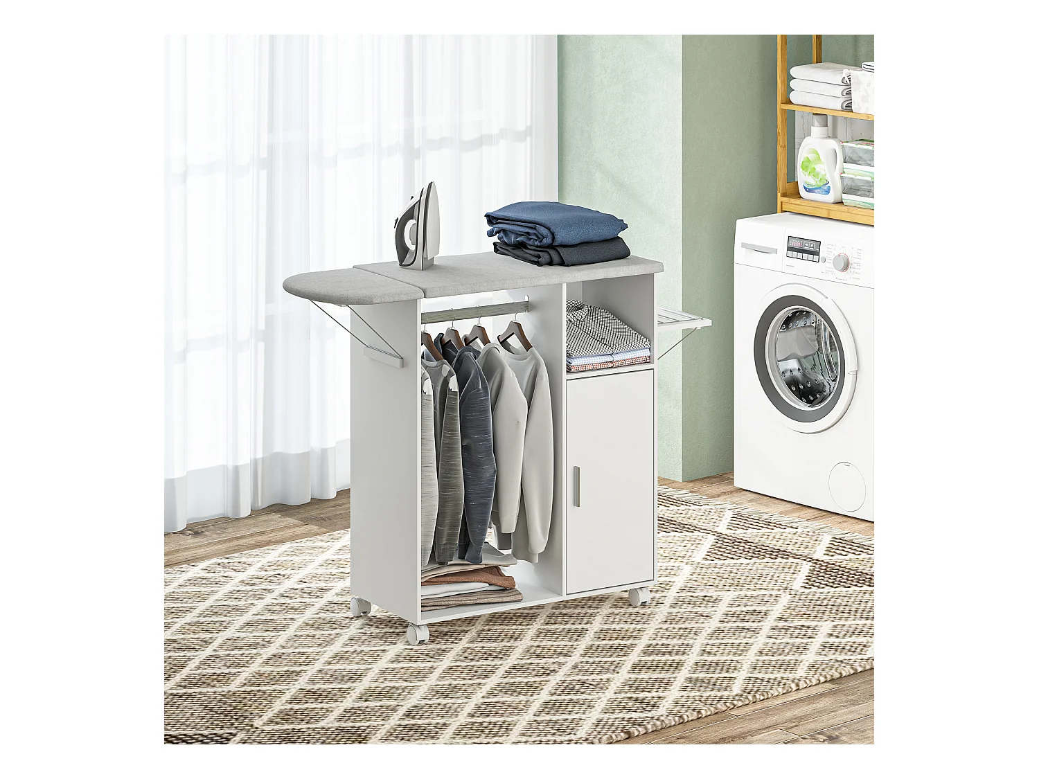 Mobile asse da stiro con 3 ripiani a cubo e guida