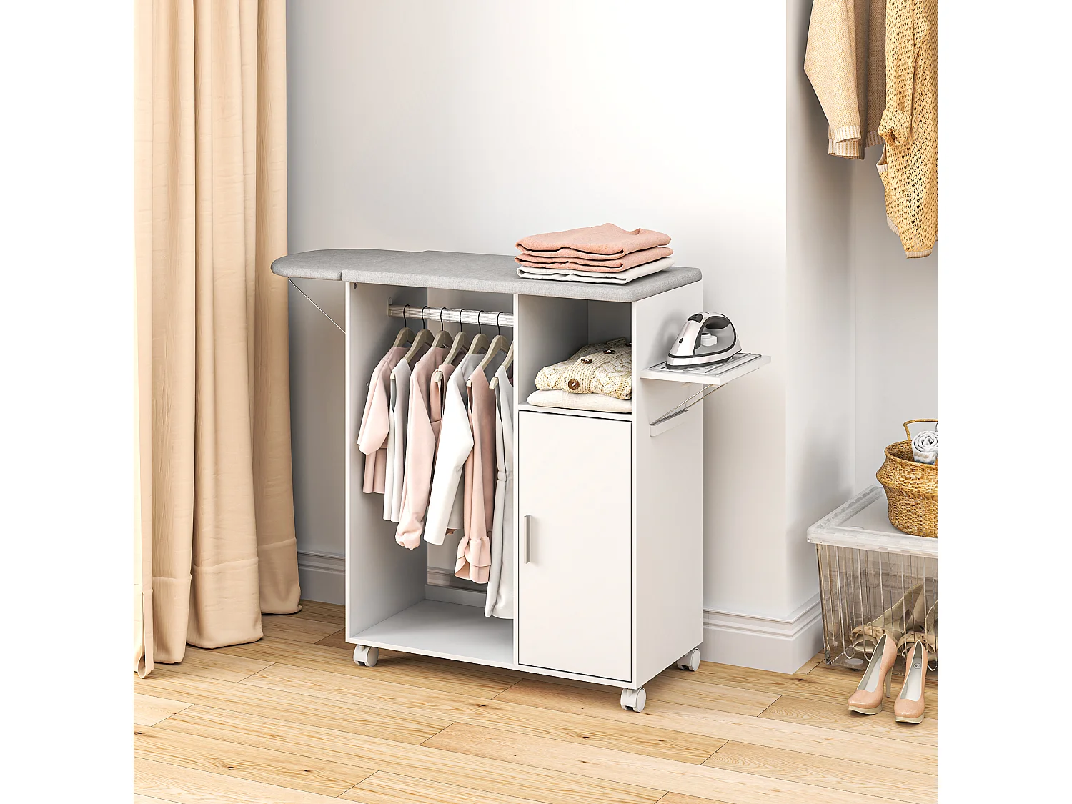 Mobile asse da stiro con 3 ripiani a cubo e guida