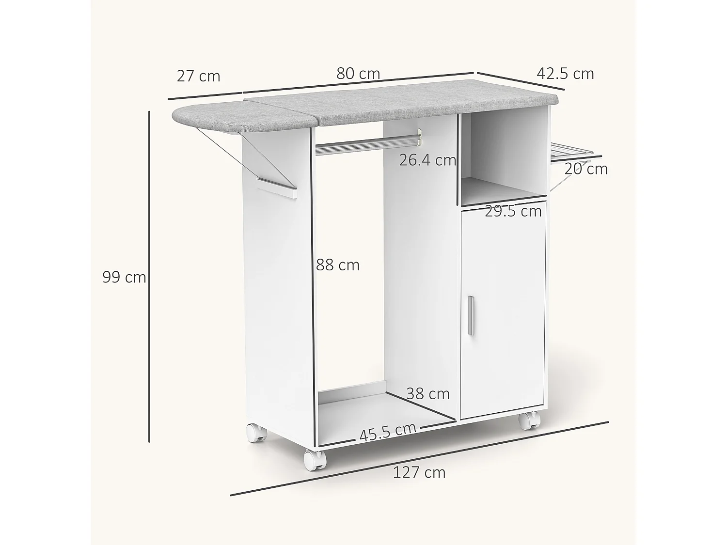 Mobile asse da stiro con 3 ripiani a cubo e guida