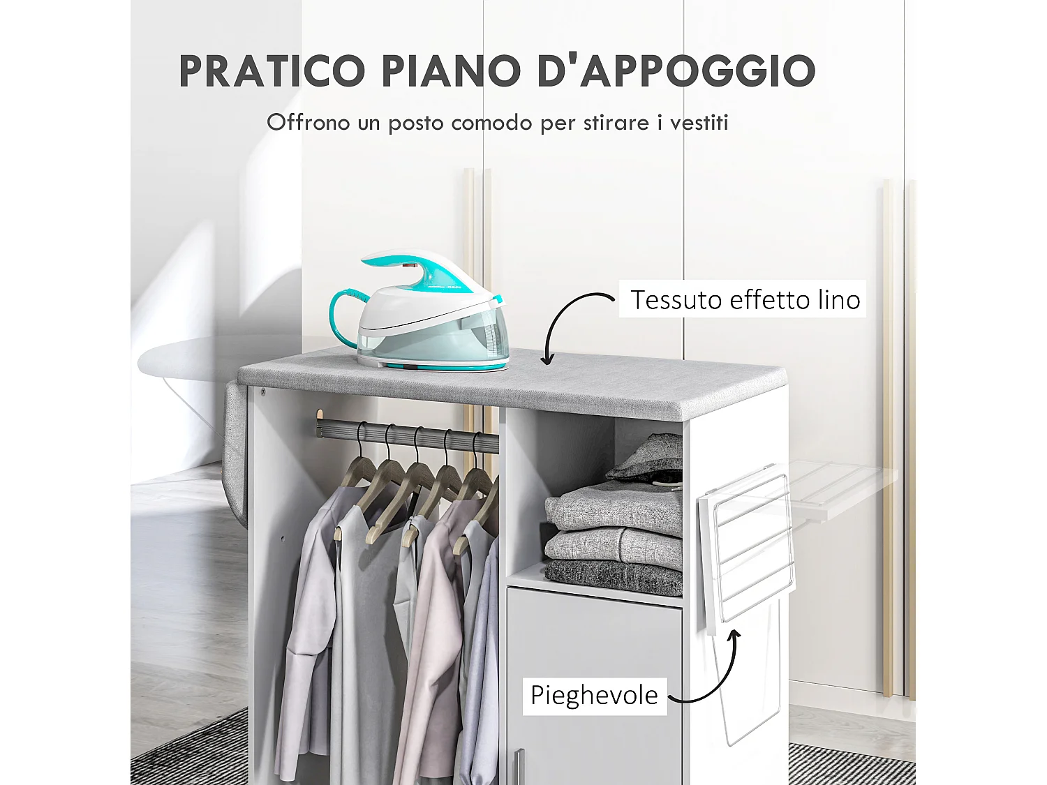 Mobile asse da stiro con 3 ripiani a cubo e guida