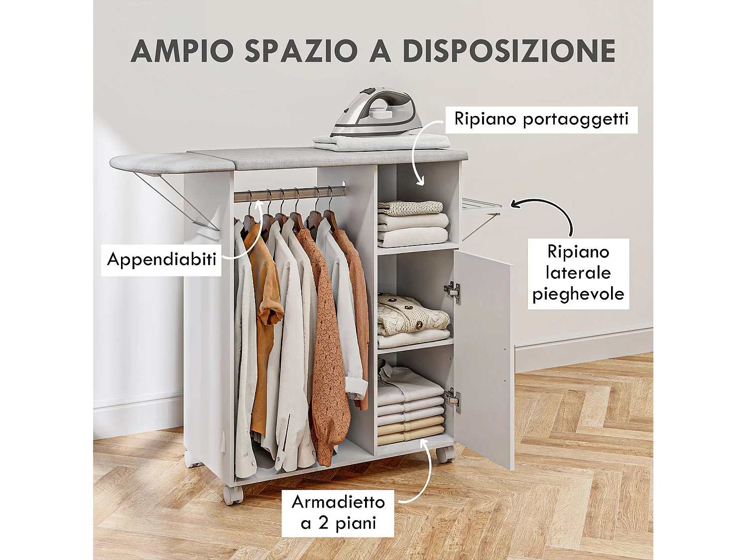 Mobile asse da stiro con 3 ripiani a cubo e guida