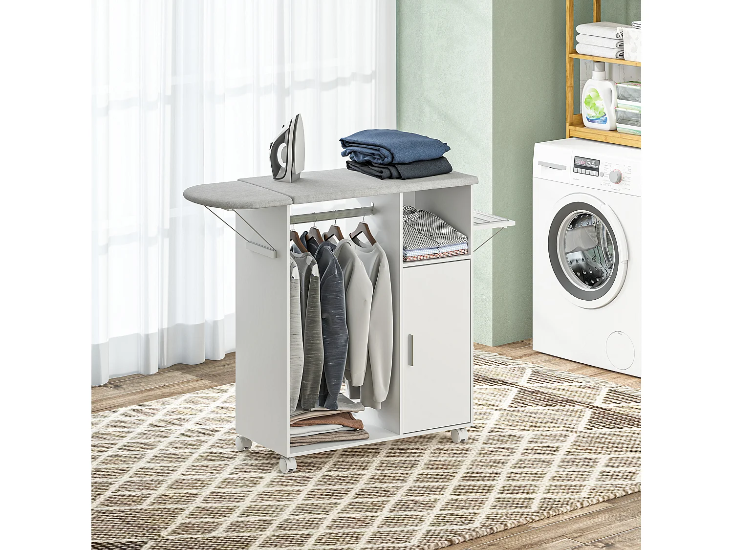 Mobile asse da stiro con 3 ripiani a cubo e guida