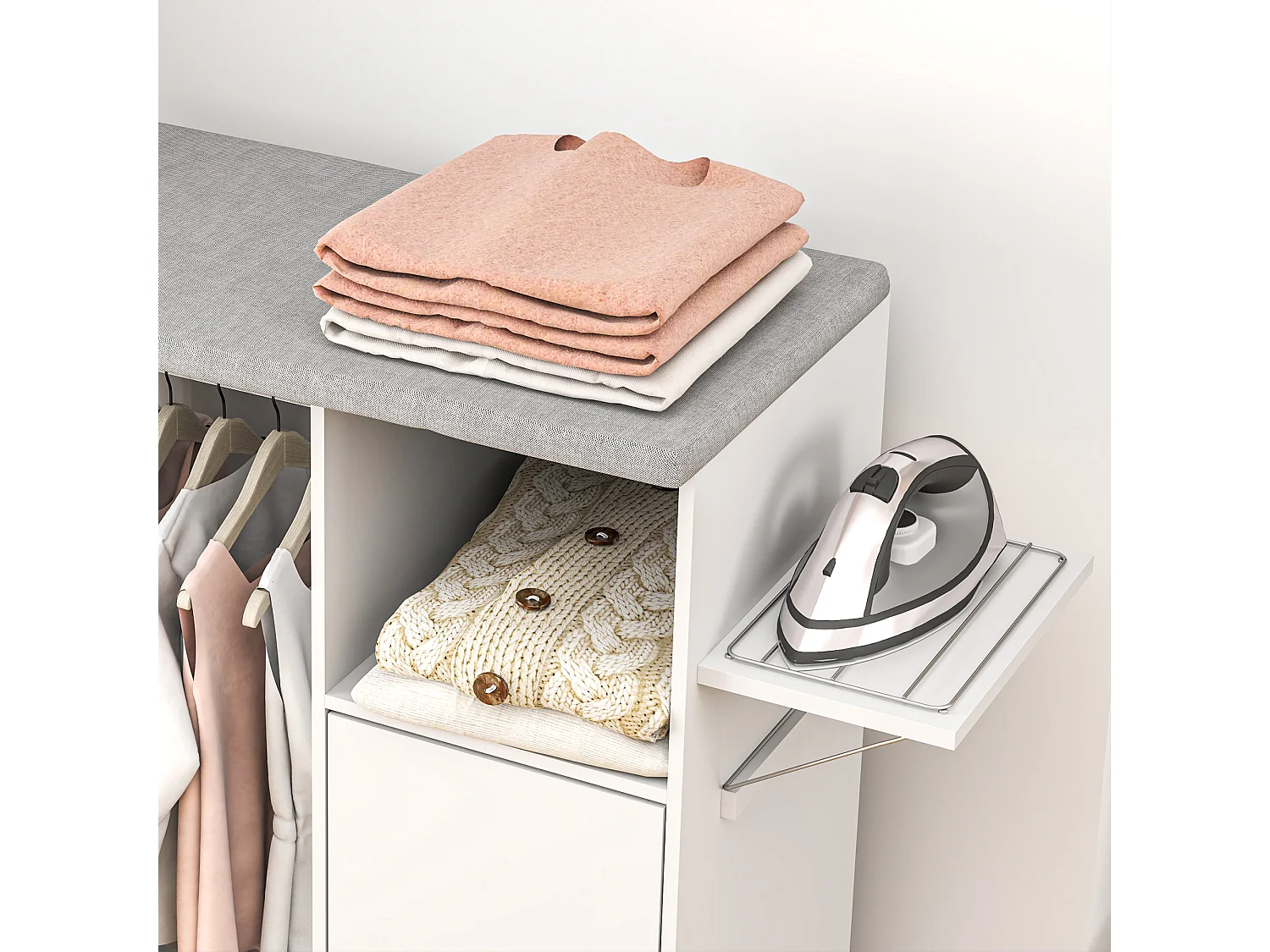 Mobile asse da stiro con 3 ripiani a cubo e guida