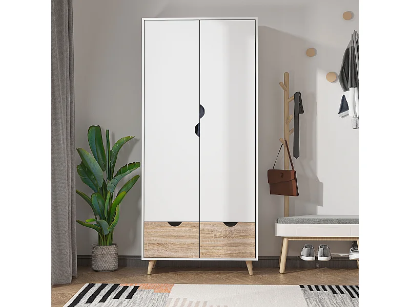 Armadio con ripiano appendiabiti e cassetti in legno bianco