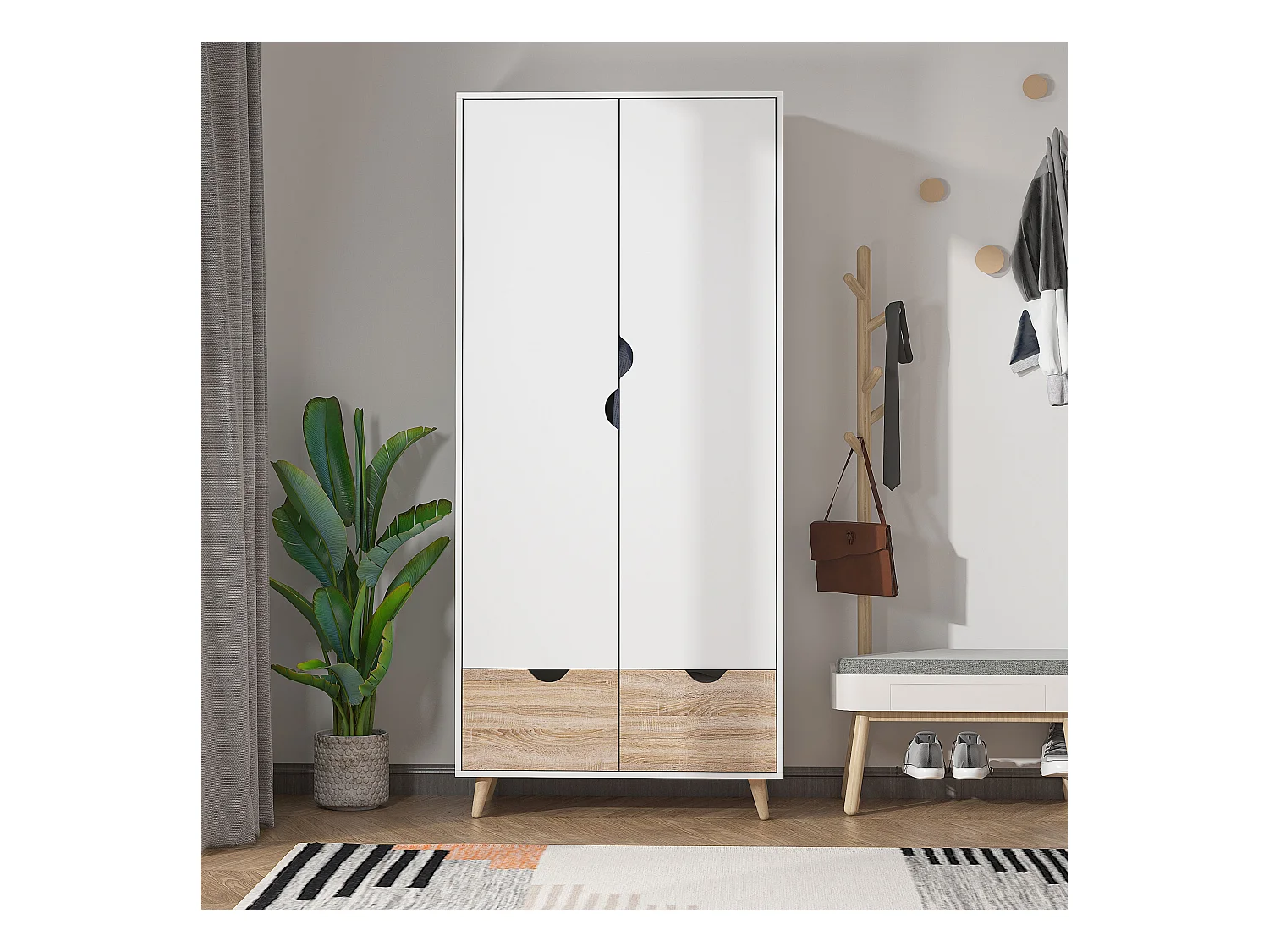 Armadio con ripiano appendiabiti e cassetti in legno bianco