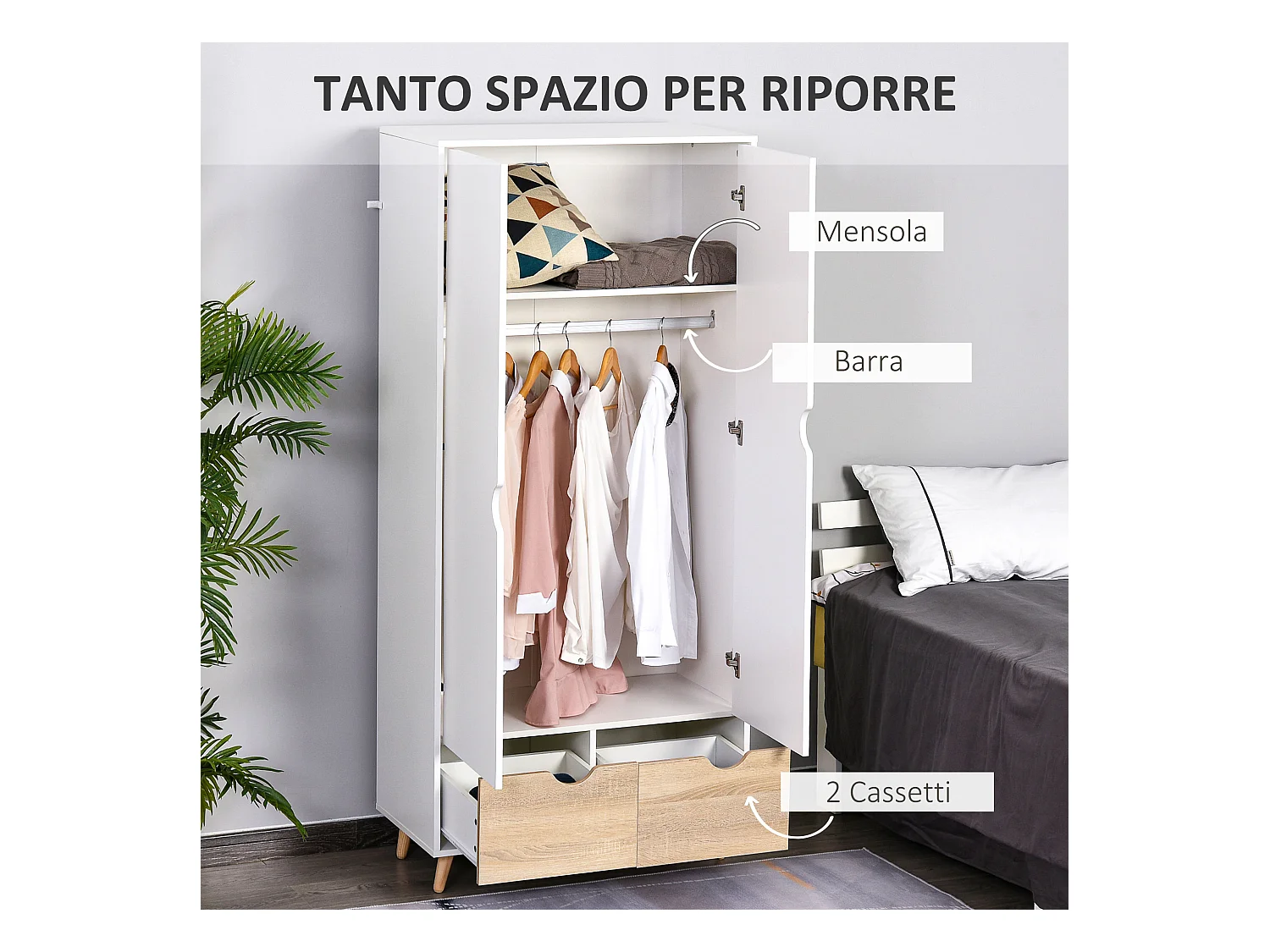 Armadio con ripiano appendiabiti e cassetti in legno bianco