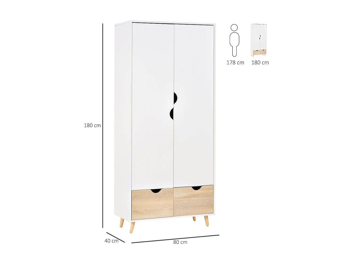 Armadio con ripiano appendiabiti e cassetti in legno bianco