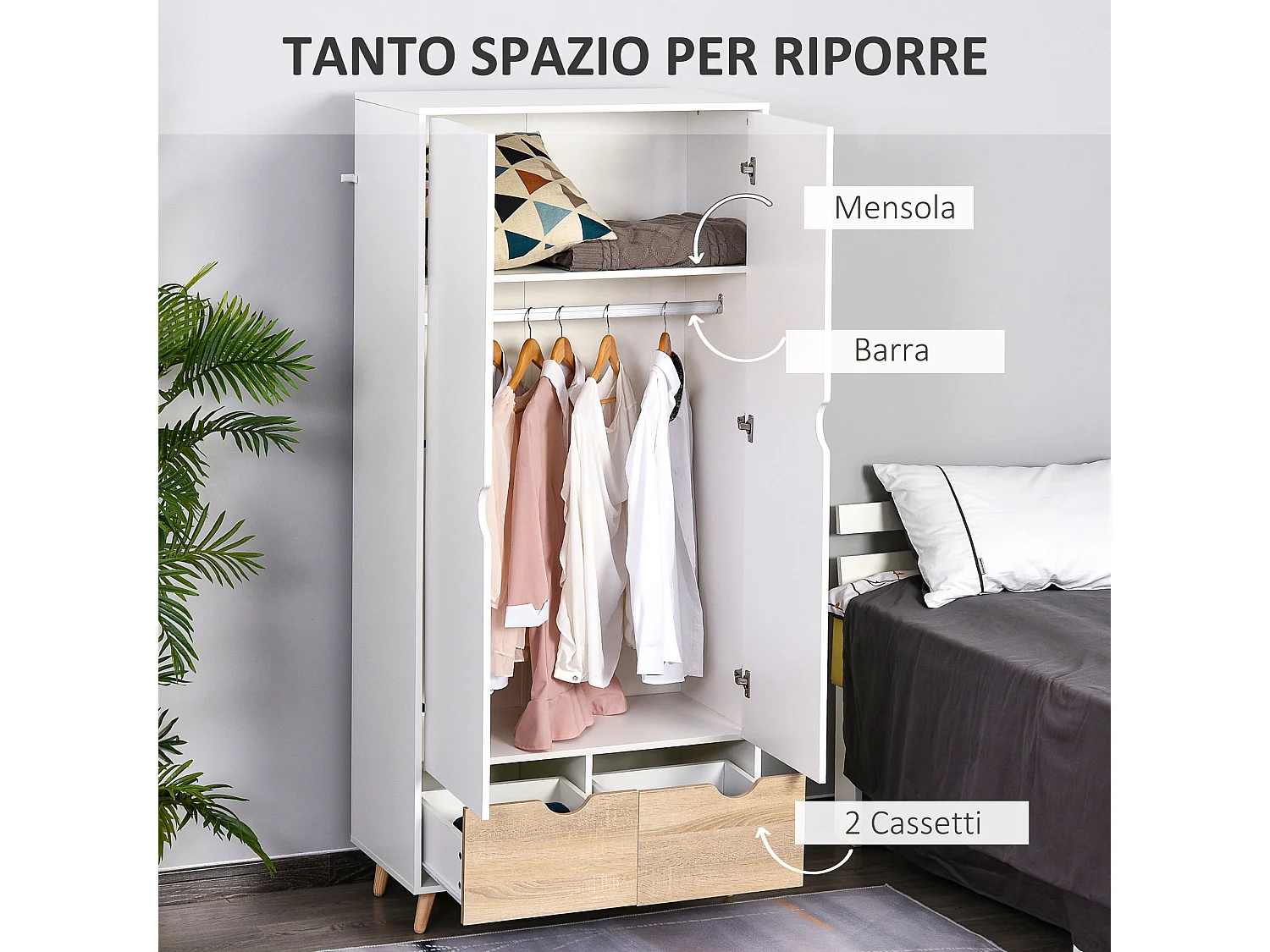 Armadio con ripiano appendiabiti e cassetti in legno bianco