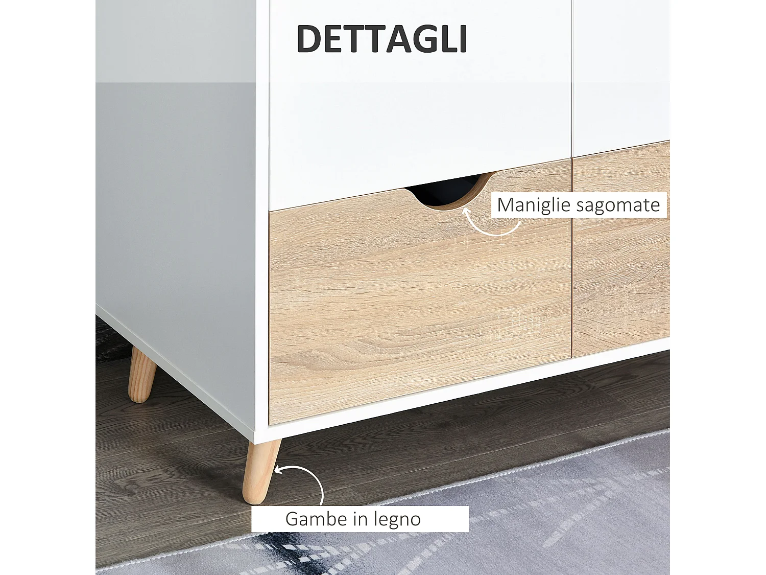 Armadio con ripiano appendiabiti e cassetti in legno bianco