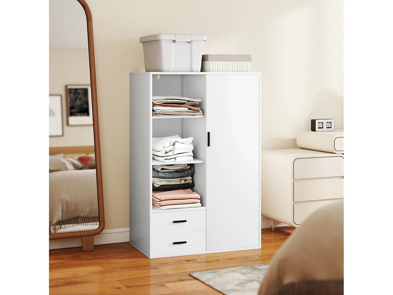 Armadio con 2 cassetti ripiani aperti e appendiabiti bianco