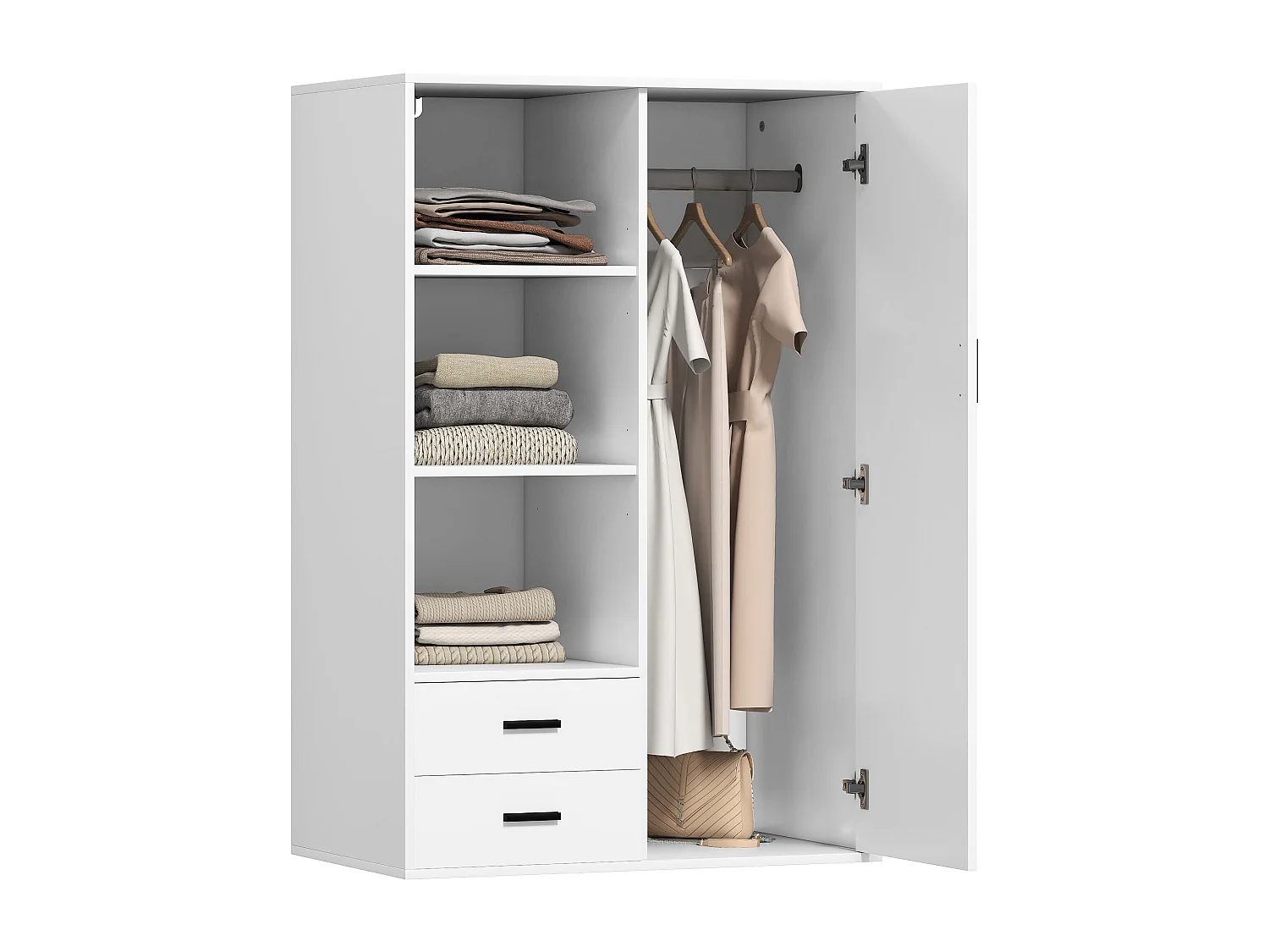Armadio con 2 cassetti ripiani aperti e appendiabiti bianco