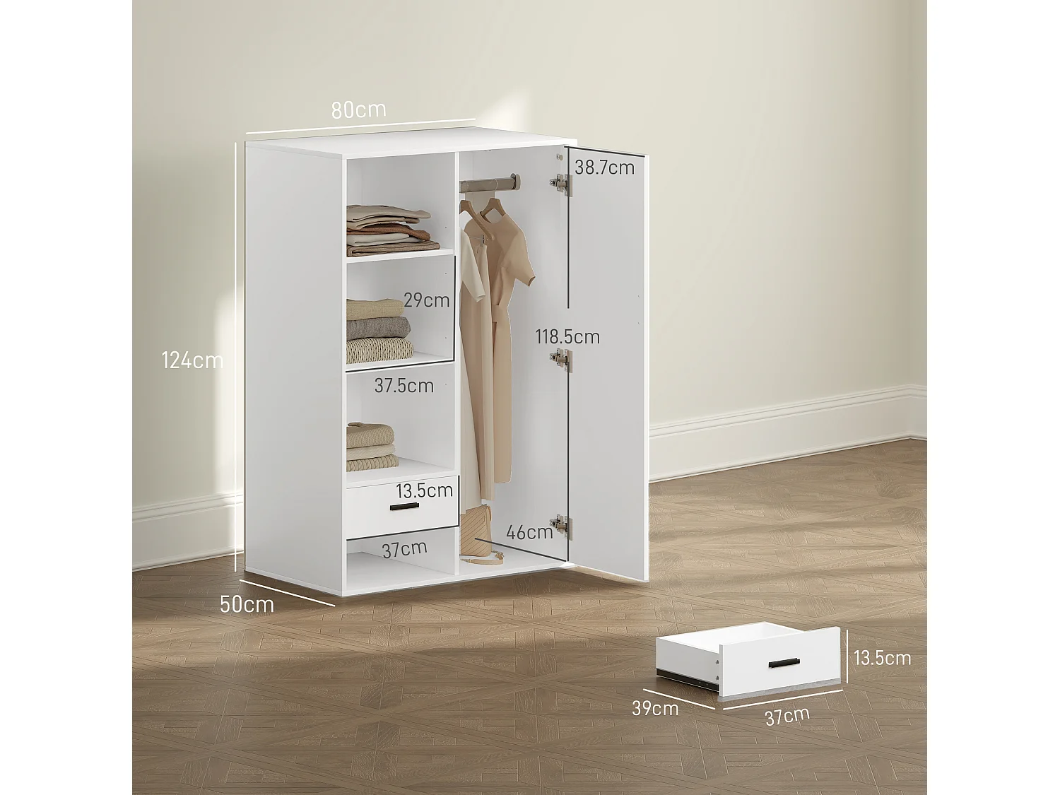 Armadio con 2 cassetti ripiani aperti e appendiabiti bianco