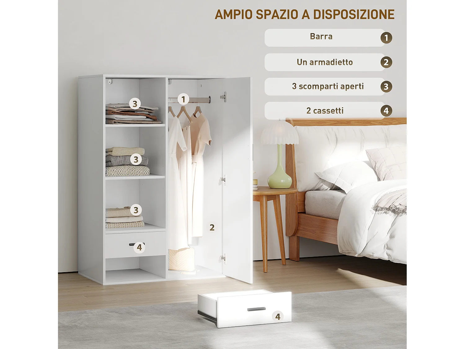 Armadio con 2 cassetti ripiani aperti e appendiabiti bianco