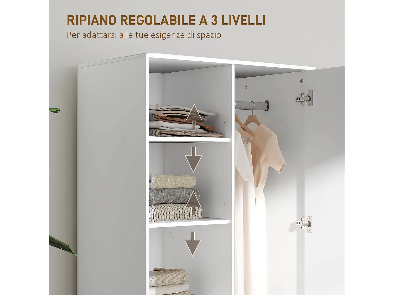 Armadio con 2 cassetti ripiani aperti e appendiabiti bianco