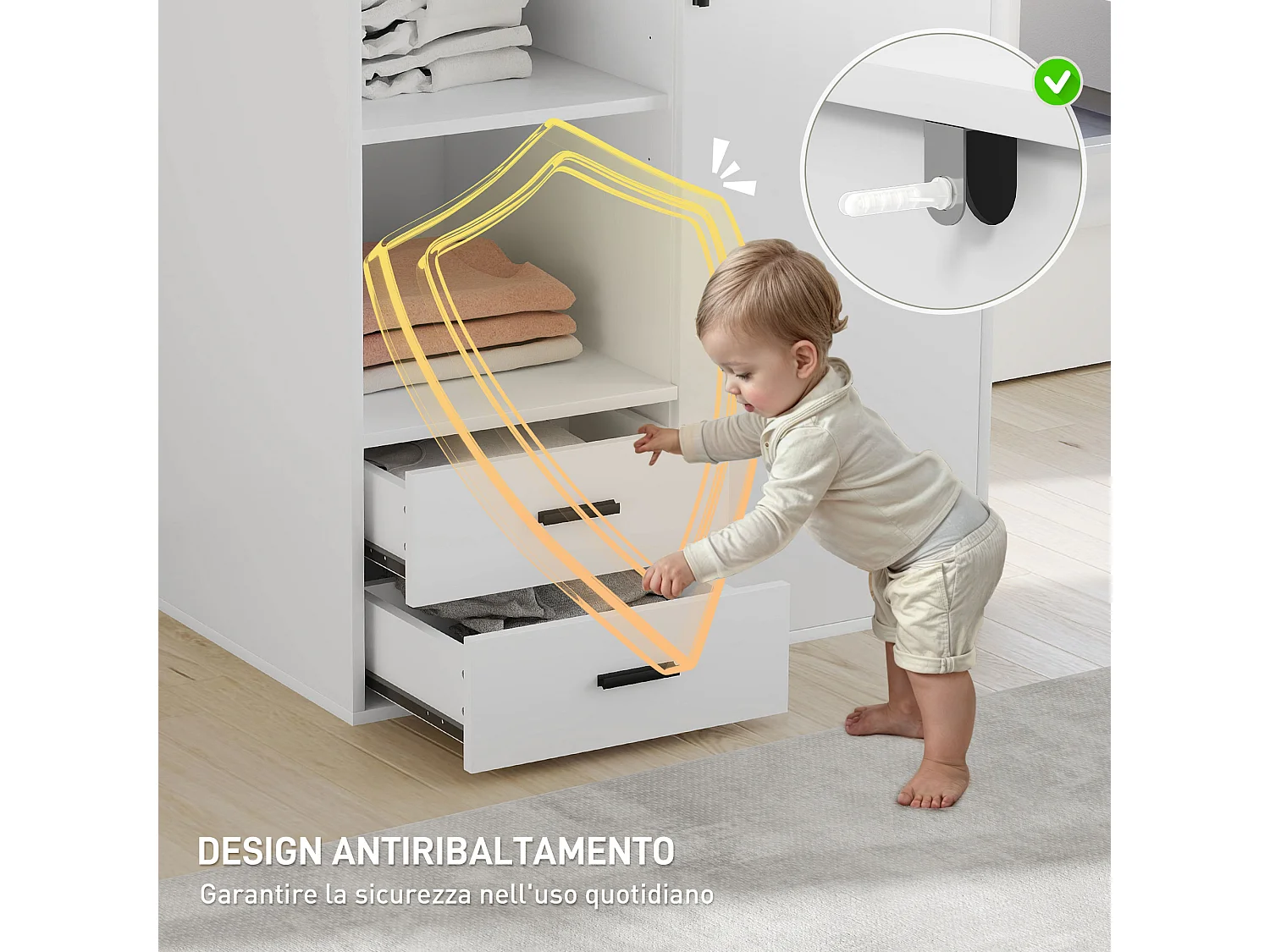 Armadio con 2 cassetti ripiani aperti e appendiabiti bianco