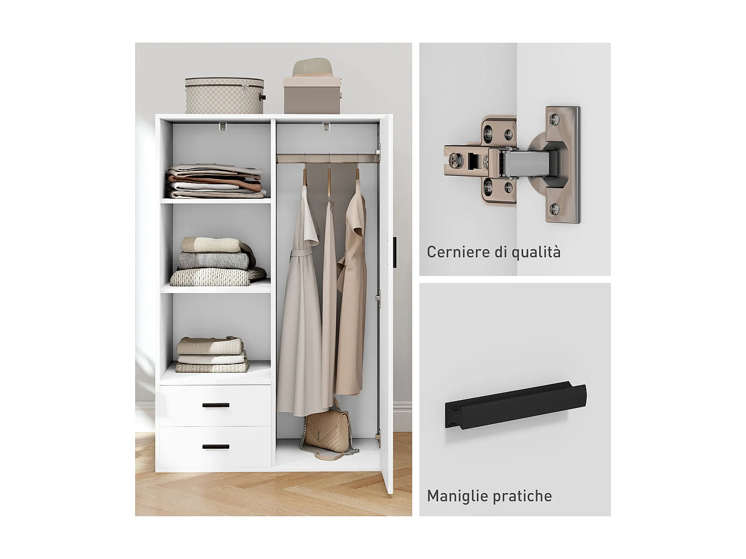 Armadio con 2 cassetti ripiani aperti e appendiabiti bianco