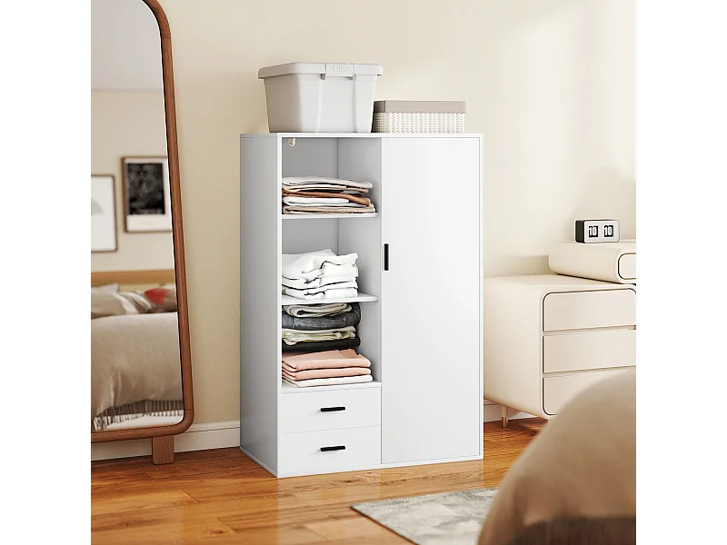 Armadio con 2 cassetti ripiani aperti e appendiabiti bianco